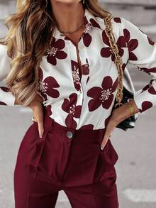 Women's Commuting Floral Print Turn-Down Collar Long Sleeve Blouse For Spring & Summer - Màu Đỏ Sâu - Xem 5