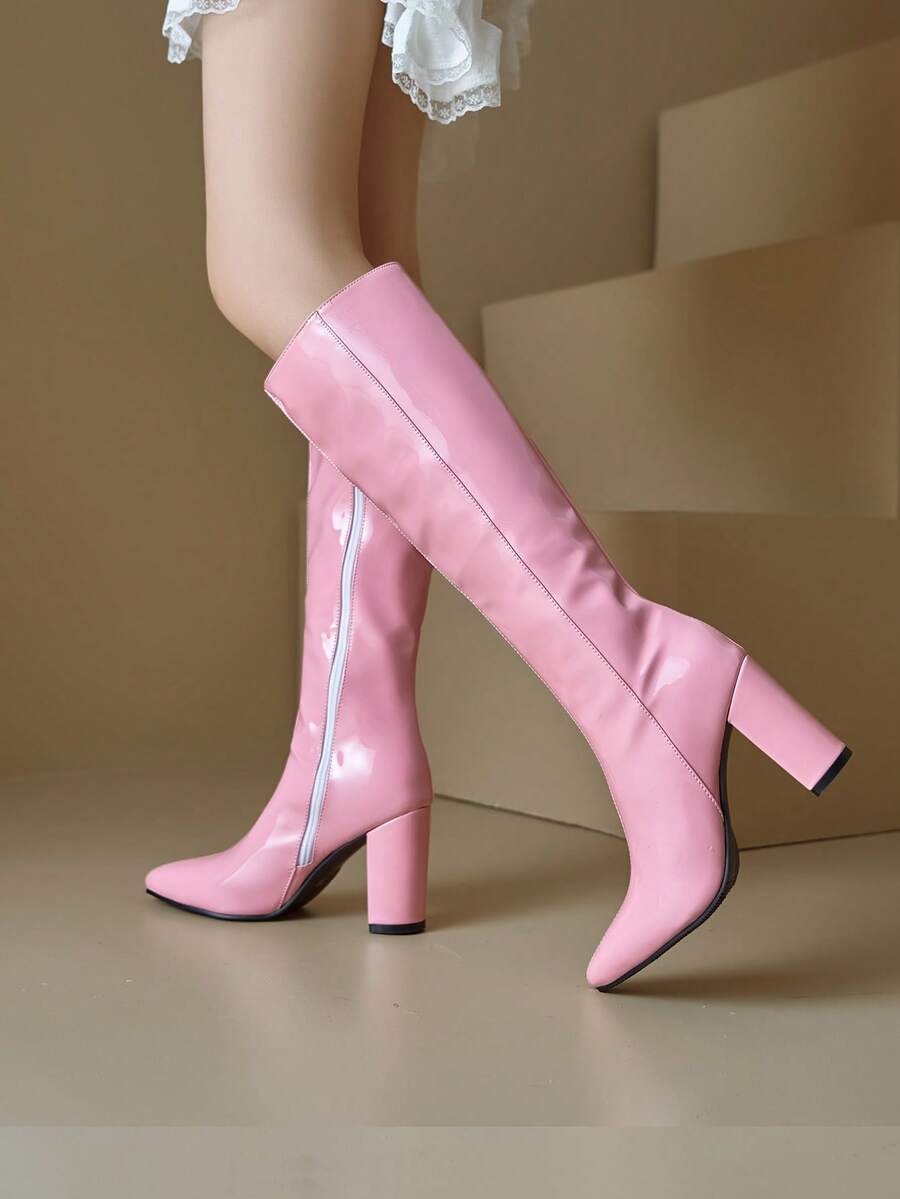 2024 Autumn New Fashion Western Pointed Toe High Heel Ankle Boots For Women, Chunky Heel, Side Zipper, Suitable For Nightclub, Pole Dancing - Pink - View 1