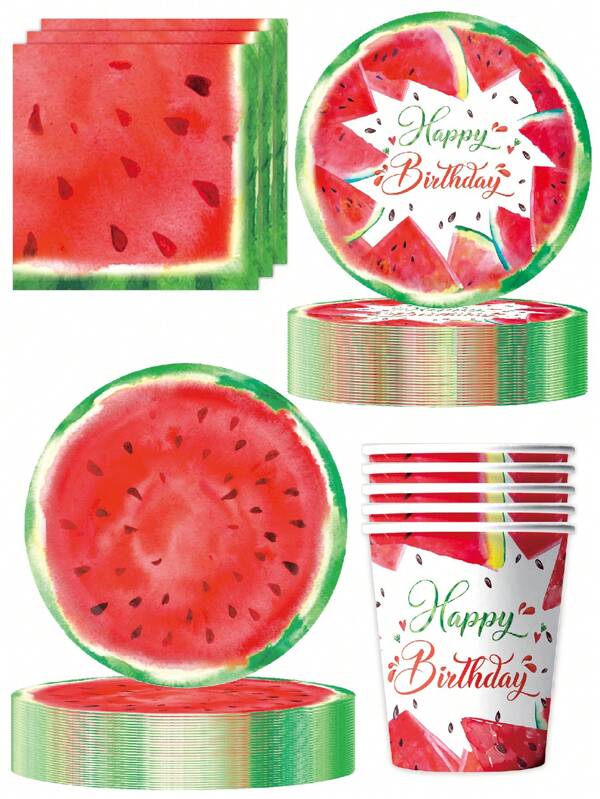 10pcs Summer Cool Watermelon Shower Decoration Theme Tableware Decoration Scene Setting Supplies Containing Paper Plates, Cups, Napkins Holiday Celebration Birthday Party Banquet Tea Party Wedding Exquisite Craftsmanship Stylish Collocation Picnic Essentials Watermelon Serving Tray