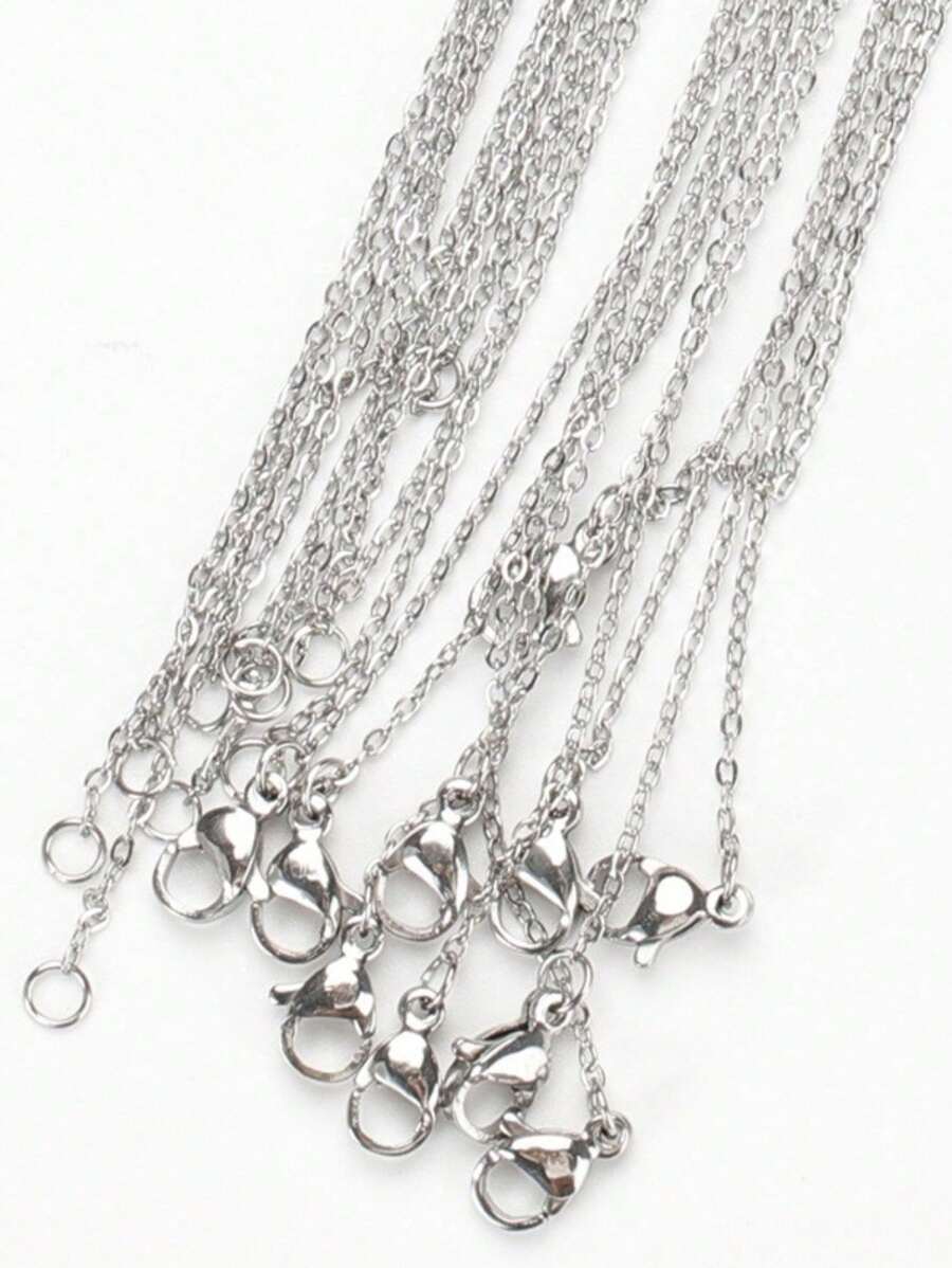 10pcs/Pack 45cm Stainless Steel Flat Oval Link Chain Necklace, Silver Plated DIY Jewelry Accessory