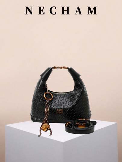 1pc Versatile Women Crossbody Bag, Fashion Tote Handbag, Woven Leather Material, Pendant Decor, Adjustable Long Shoulder Strap, Crescent Bag, Casual Daily Bag - Travel, Shopping, School, Dating, Ladies Gift, Office, Work, Business, Commute