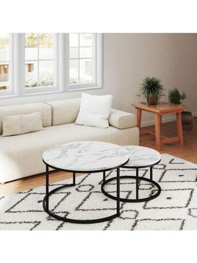 Super life Nesting Coffee Tafel Set Of Two, Round Table, Wooden Marble Top Sturdy Metal Frame, Side Living Room, Bedroom, Balcony Patio view 3
