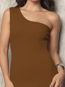 Vestido Feminino Nula Manga com Fenda Midi Anarruga - Marrom - Visão 4