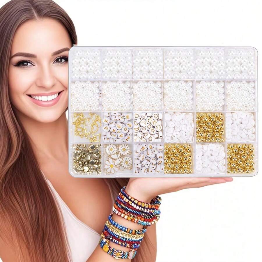 DIY Bracelet Jewelry Making Kits, White Polymer Clay Beads, Daisy Charms Beading Kit With Spacer Beads, White Glossy Plastic Pearls & Alphabet Beads For Making Bracelet Jewelry Accessories