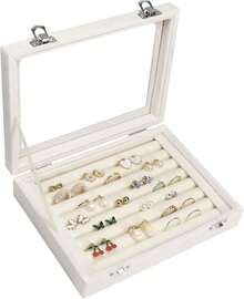 Rings Organizer Tray Slots Velvet Jewelry Earring Storage Box With Transparent Lid Jewelry Display Wife Mom Women (Beige) - Black - View 7