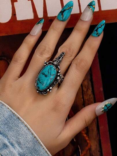 1 pieza Anillo con concha con cabeza de vaca de estilo occidental, anillo de piedra turquesa azul vintage retro, joyería de estilo vaquero/vaquera, estilo país occidental, adecuado para uso diario