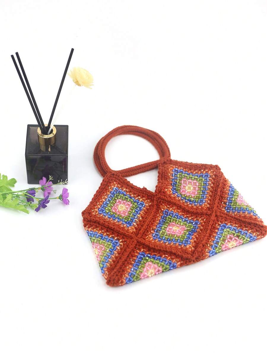 Fashionable Shiny Beaded HandBag, Creative Patchwork Crochet Tote