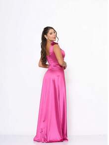 Long Satin Bridesmaid Dress With Flower Detail - Hot Pink - View 3