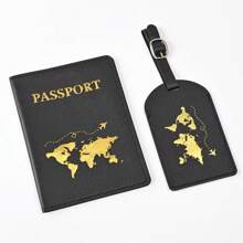 1 Set Map Print Anti-Lost Luggage Tag & Passport Holder, Printed PU Travel Essentials, Travel Organizer, Travel Wallet, Passport Cover, Beach Holiday, Summer Christmas Vacation Travel Accessories Vacation Back To School Women Mini Travel Products