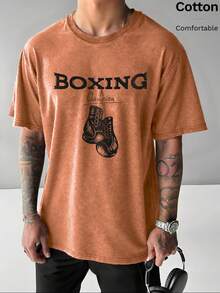 Men's Casual Round Neck T-Shirt With Cool Boxing Glory Slogan, Breathable Slim Fit Tee, Orange-Red Short Sleeve Top For Spring/Summer - Orange Red - View 1
