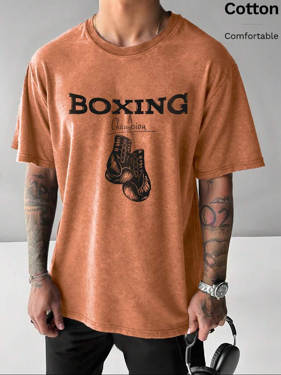 Men's Casual Round Neck T-Shirt With Cool Boxing Glory Slogan, Breathable Slim Fit Tee, Orange-Red Short Sleeve Top For Spring/Summer - Orange Red - View 1