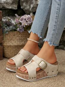 Summer Outdoor European & American Style Open Toe Single Buckle Decor Soft Bottom Comfy Plus Size Wedge Thick Sole Women Sandals
