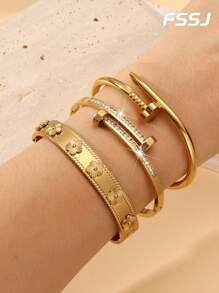 3 Stücke 18 Karat vergoldetes Edelstahl 3D 5-Blätter Blumen Armband, 4-Blätter Blumen Nieten Armband, kubischer Zirkonia Doppelkopf Nieten Armband, wasserdicht und verblassungsresistent, Geschenk für Mädchen, Frauen, Verwandte, Freunde, schöne Hochzeit, Geburtstag, Valentinstag, Mutter, Muttertag