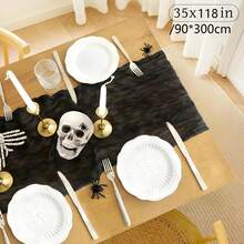 6pcs/Set 35*118 Inch Black Bohemian Table Cloth, Suitable For Wedding, Bridal Shower, Party, Halloween, Thanksgiving, Christmas Table Centerpiece Decor - Multicolor - View 4