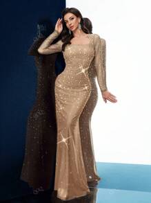 Evening Gown Women Rhinestone Formal Dress For Evening Party, Formal Events, Cocktail Party, Charity Prom, Long Sleeve Fishtail Dresses