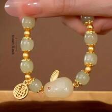 1Pc Year Of The Rabbit Lucky Charm Imitation Jade Rabbit Bracelet, Artificial Agate Glass Bracelet For Girls, Ideal For Gifts - 1 cái - Xem 2