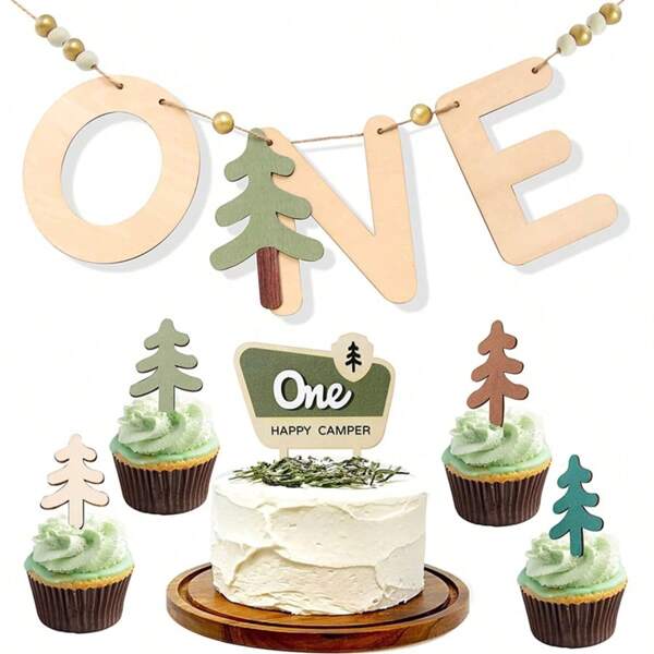 Wooden Alphabet Banner Party Decoration Set, Includes 8pcs Wood Slices + 10pcs Wood Beads + Strings, Cake & Dessert Wooden Picks