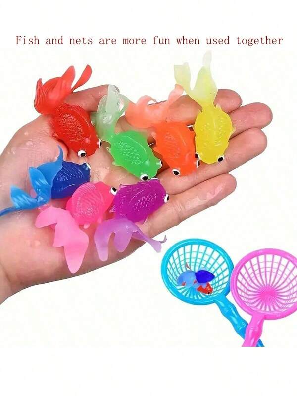 10pcs/15pcs (Comes With 1 Fishing Net) Soft Plastic Realistic Goldfish Decoys 5cm, Transparent Floating Simulated Small Goldfish Sea Creature Fishing Toys For Indoor And Outdoor Water Games, Summer Party Decorations And Supplies (Fish And Net Colors Are Random)