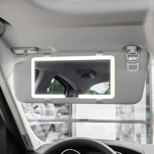 Espelho de maquiagem LED para para-sol de carro, espelho LED recarregável com tela sensível ao toque regulável, espelho de maquiagem com 3 modos de luz, brilho ajustável, espelho cosmético com encaixe para retrovisor e proteção solar, acessórios para carro