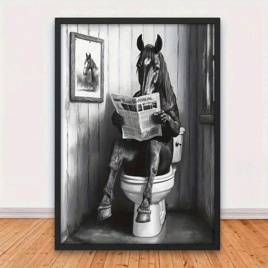 1 pieza Pintura sin marco de un caballo sentado en un inodoro leyendo un periódico, una decoración de pared humorística para el baño, apta para sala de estar, dormitorio, oficina, comedor, impresión, obra de arte, regalo perfecto y decoración, 30,48 cm x 40,64 cm.