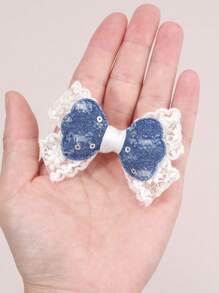 2 piezas Lazos de pelo de encaje y denim para niñas - Lazos de encaje beige con pinzas de cocodrilo, lazos de denim azul con lentejuelas - Elegantes pinzas de lazo para bodas, vacaciones, accesorios de pelo para niños