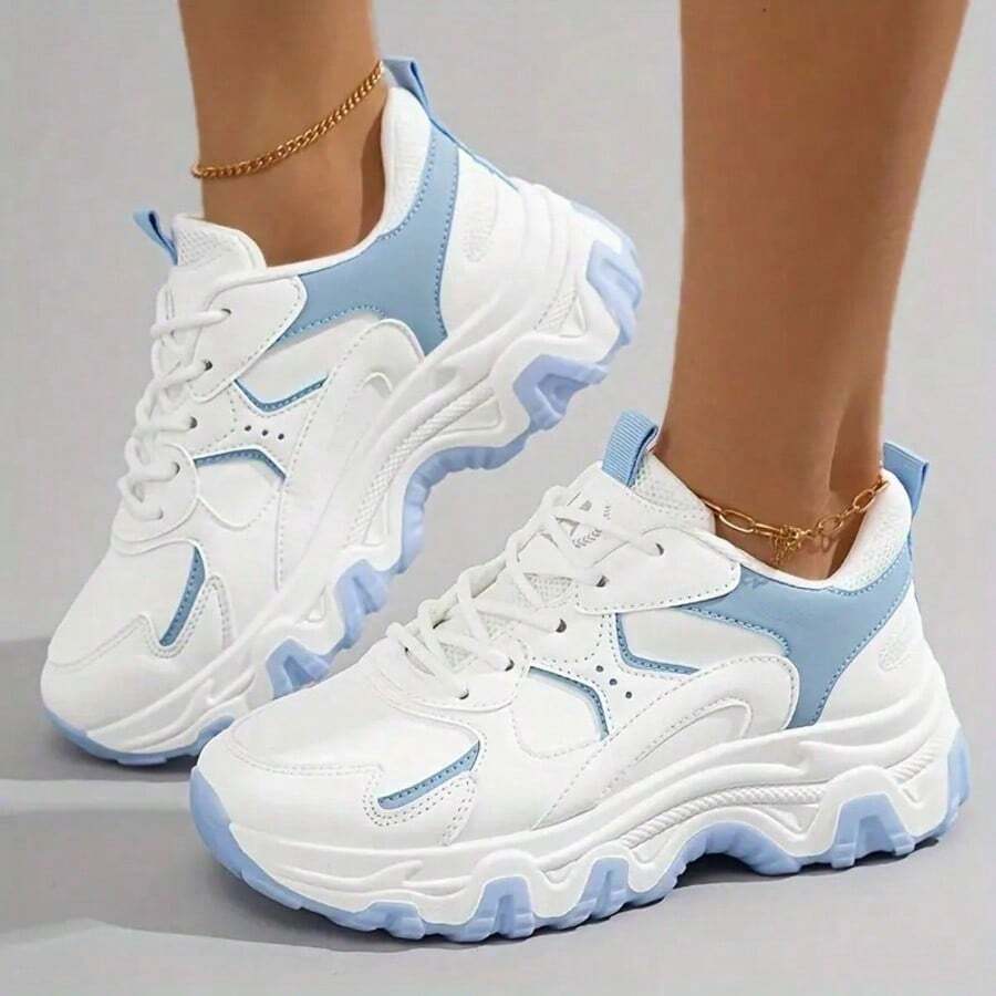 1 Pairs Of Women's Thick Soled Multifunctional Running Shoes. New Spring/Summer 2025 Collection. Mesh Dad Shoes. Soft Soled Sports Shoes. Outdoor Casual Women's Shoes. - Trắng và Xanh - Xem 1