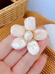 1 pieza Broche de flor de perla de estilo barroco de lujo, Alfiler de solapa de mujer de gama alta, Accesorio de clip de suéter elegante de moda para dama
