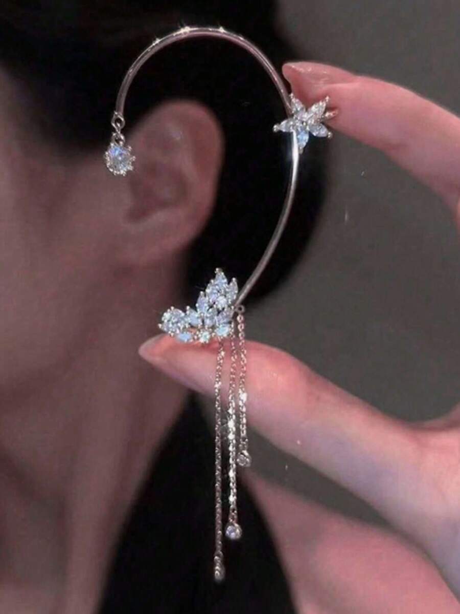 1pc Fashionable Elegant Crystal Butterfly Left Ear Cuff, Women Jewelry Gift For Everyday Wear - Silver - View 1