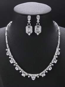 1 Set Of 3pcs Luxury Cubic Zirconia Necklace & Earrings, Fashion Jewelry Set For Party, Evening Dress Accessories, Gift For Valentine's Day