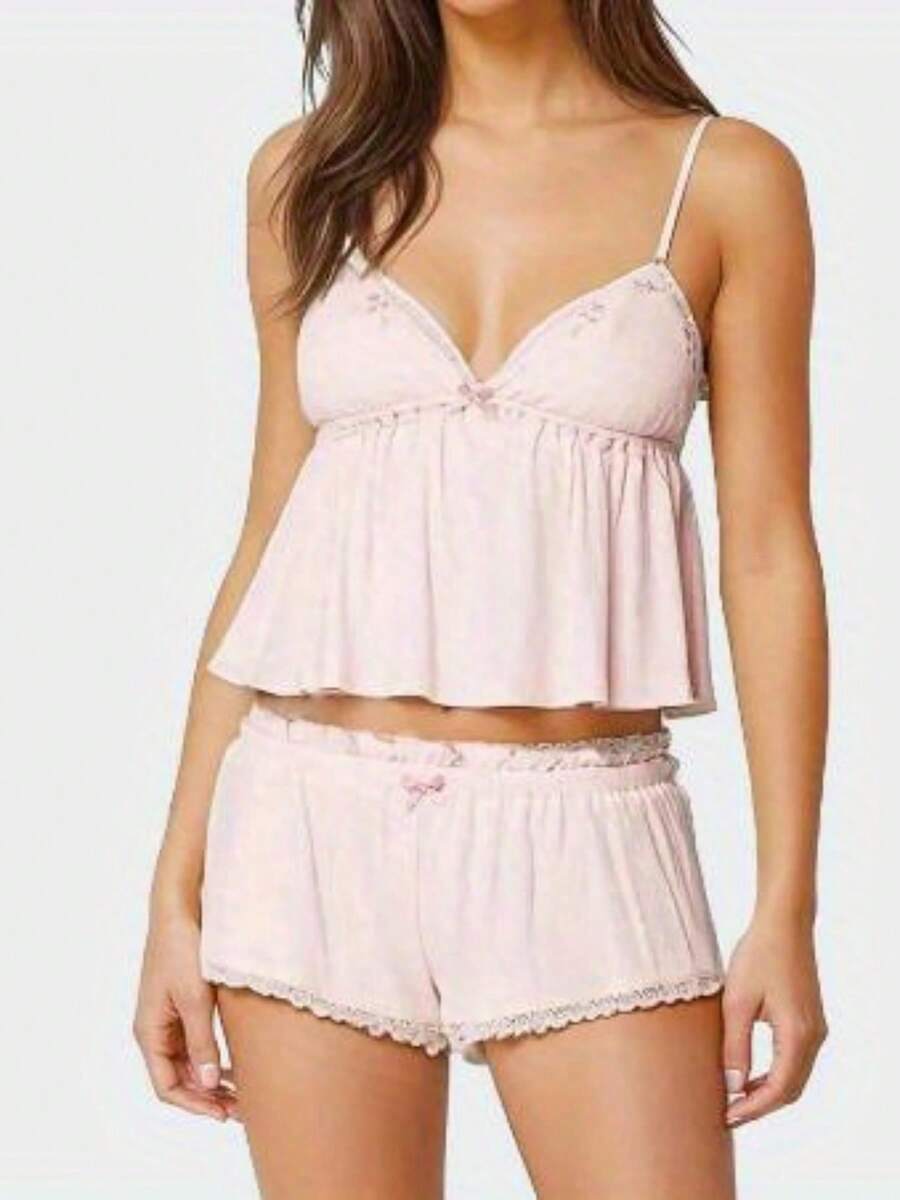 Conjunto de pijama de verano para mujer, elegante camisola con ribete de encaje bordado y pantalones cortos, ropa de estar, conjunto de 2 piezas - Rosa - Ver 1