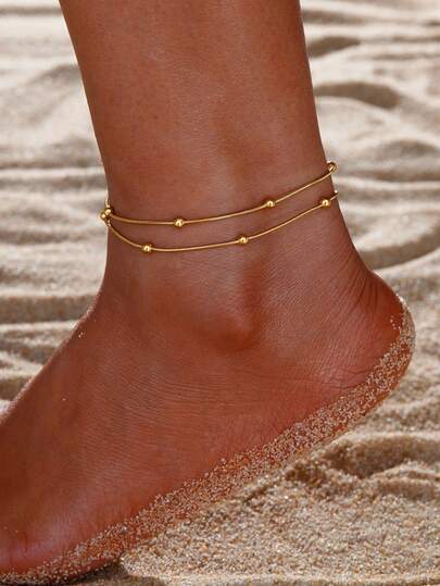 1pc Bohemian Style Beaded Double Chain Anklet, Gold Stainless Steel Anklet, Fashion Accessory For Summer Beach