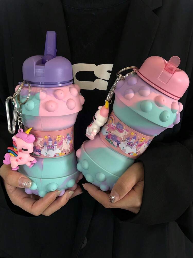 2025 New 550ml(18.6oz) Outdoor Silicone Water Bottle - Unicorn Water Bottle - Cartoon Unicorn Water Bottle, Foldable Silicone Sports Cup, Suitable For Fitness Bottle Travel Children, Cartoon Unicorn Shape Design, Reusable - Clear BPA - Leak Proof - Multicolor - View 2