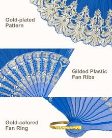 Handheld Chinese Folding Fan Hand Fans For Women Foldable Bulk For Party Wedding Church Dancing (Blue) - Màu xanh hải quân - Xem 2