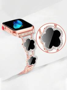 1 pièce Bracelet de montre Apple pour femmes, avec un motif de trèfle à cinq feuilles en diamant et cuivre doré. Bracelet en métal à fleurs d'été, compatible avec les de 38/40/41/42/44/45/46/49 mm, compatible avec les séries Ultra3/2/1/SE/10/9/8/7/6/5 4/3/2/1, accessoires de mode