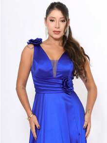 Long Satin Bridesmaid Dress With Flower Detail - Royal Blue - View 6