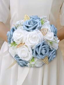 1 Stück eleganter blauer Rosenstrauß mit Satinband, Mori Stil Goldblatt Braut Brautjungfer Hochzeit Künstliche PE Schaum Rose Blumenstrauß PE407E