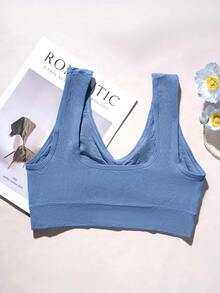 1pc Plus Size Wire-Free Padded Plunge Bra, Comfortable & Supportive - Dusty Blue - View 2