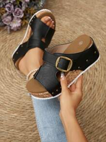 Plus Size Women's Outdoor Peep Toe Single Buckle Decor Soft Bottom Comfortable Platform Wedge Sandals, European & American Style, Summer