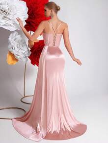 ADYCE Vestido largo de fiesta, de noche, formal y para invitados de boda, con abertura, cintura alta, sin mangas y con detalles de strass, con lazo en la espalda - Rosa Pálido - Ver 2