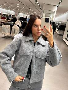 Women's Fashionable Solid Color Turndown Collar Double Pocket Casual Corduroy Soft Wool Jacket, Autumn/Winter - Grey - View 1