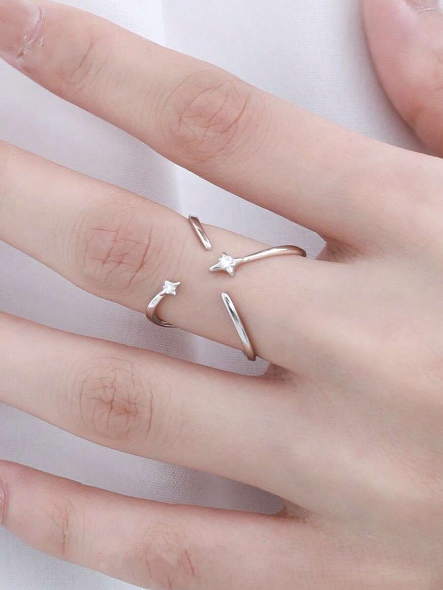 1pc Unique Design Four-Pointed Star Adjustable Open Ring, Double-Sided Wearable Intersecting Line Decor Finger Ring - Antique Silver - View 1