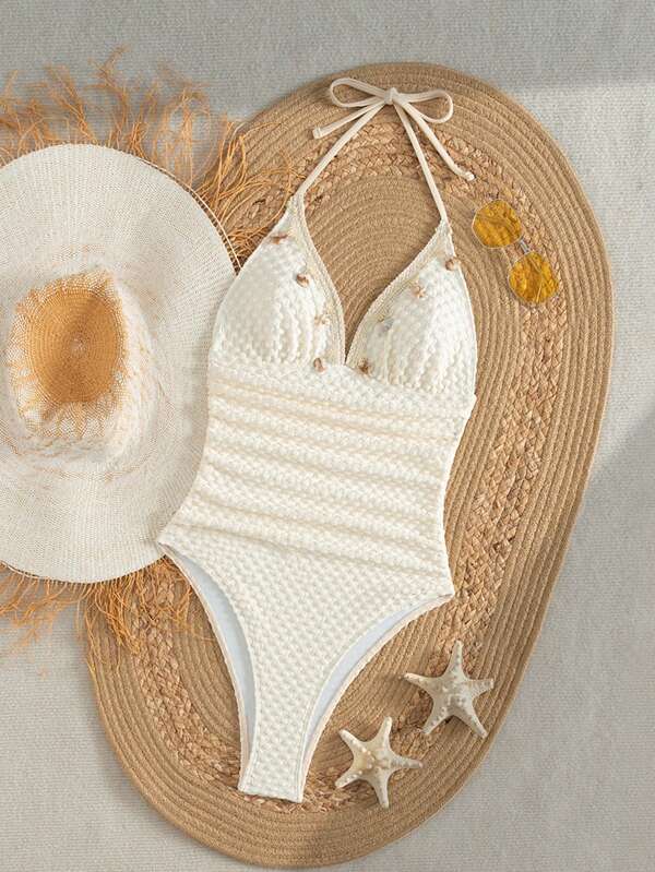 Traje de baño de una sola pieza de verano para mujer, informal, con cuello de halter, tirantes fino, decoración con cuentas, tela especial, adornado con estrellas de mar y flecos, y volantes (la colocación de la decoración con flecos es aleatoria)