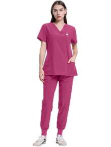 World Scrubs For Women Set - Stretch Scrub Top & Pants With 8 Pockets, Yoga Waistband, Anti Wrinkle, Slim Fit - Hot Pink - View 1