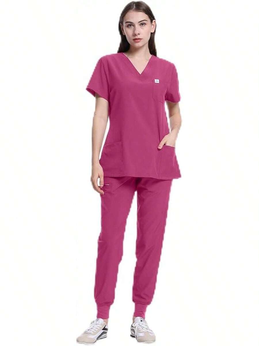 World Scrubs For Women Set - Stretch Scrub Top & Pants With 8 Pockets, Yoga Waistband, Anti Wrinkle, Slim Fit - Hot Pink - View 1