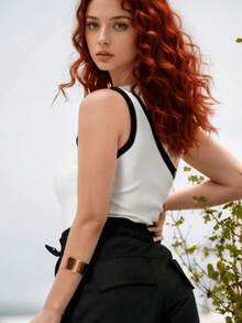 Body Canelado Bicolor Mula Manca  Bloco de cores Casual Elegante - Branco - Visão 2