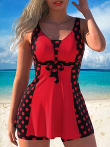 Women'S Polka Dot Print Tankini Set - Red - View 1
