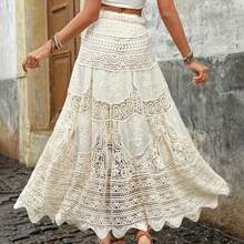 Women's Summer A-Line Skirt Long Crochet High Waist Skirt Maxi Stretchy Boho Hollow Out Flowy Lace Skirts For Travel, Beach, Shopping - 米色 - 查看 5