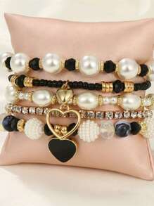 5 Stücke Set Damen Perlenarmband mit Herzanhänger, Strass-Gummiband-Armband, elegantes Perlenarmband, Alltagszubehör