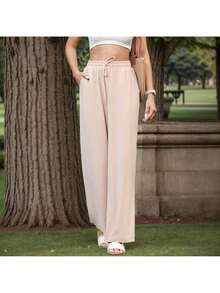 GS SNOWING Women's Elegant Wide Trousers High Waist Loose Summer Palazzo Trousers Stretchy Lounge Long With Pockets - Màu be - Xem 4