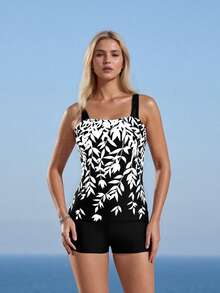 Traje de baño de verano para mujer de 2 piezas, top acolchado con estampado de hojas + shorts con cordón ajustable de color liso para niñas, 5 colores - Blanco - Ver 10